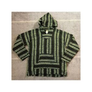Vintage Sunspecs Mexican Baja Hoodie XL Black Lime Green Striped Drug Rug